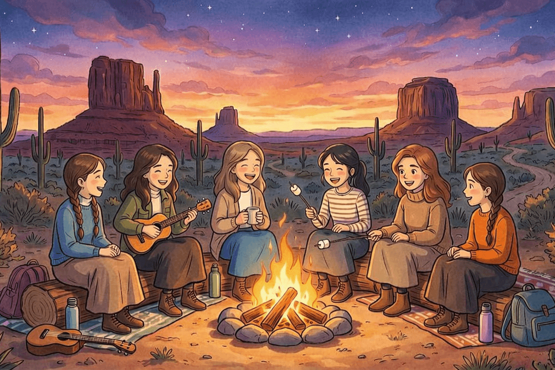 Cartoon girls by a campfire